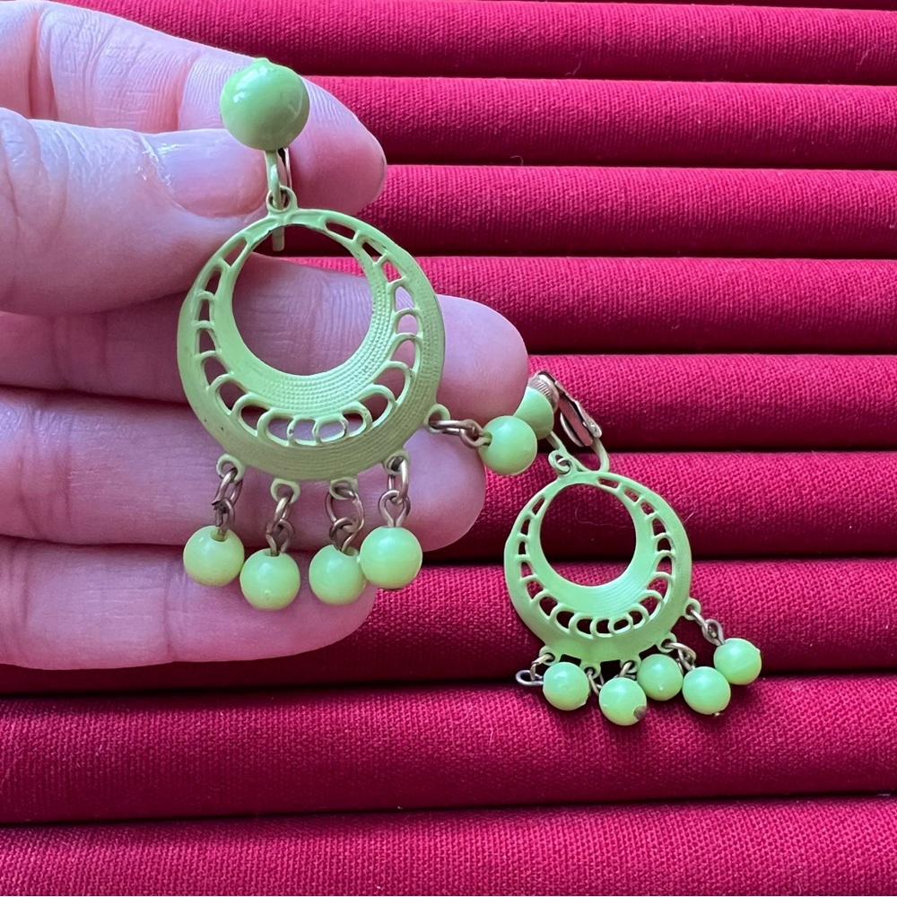 Lime Green Hoop Clip On Earrings with Bead Fringe - Picture 3 of 4